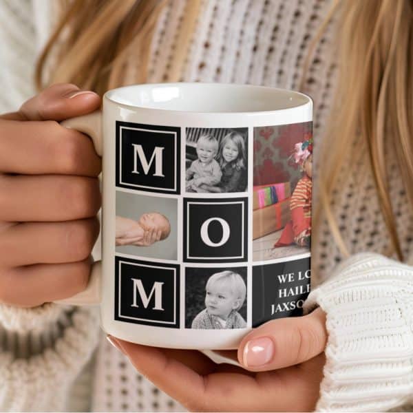 A White Coffee Mug Featuring A Collage Of Photos Of Children And The Letter Mom.