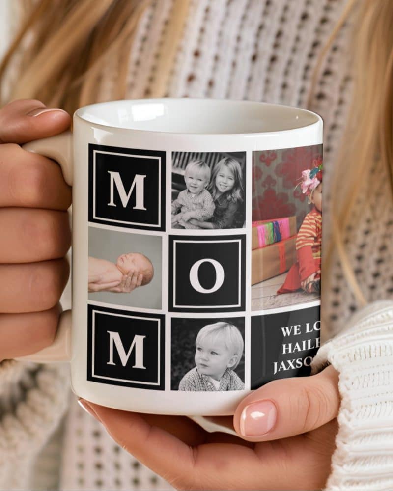 A white coffee mug featuring a collage of photos of children and the letter MOM.