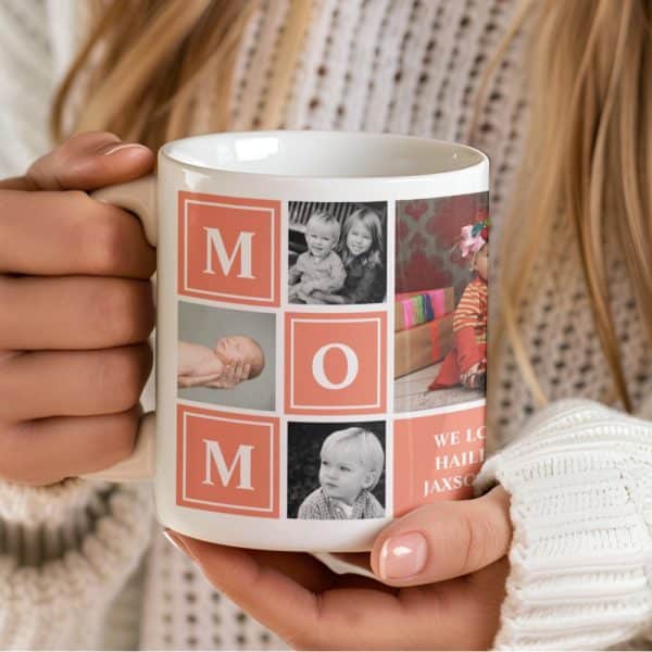 A White Coffee Mug Featuring A Photo Collage Of Children And The Word Mom.