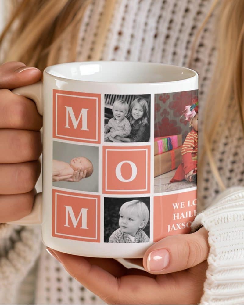 A white coffee mug featuring a photo collage of children and the word MOM.