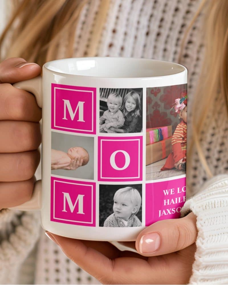 A white coffee mug displaying a photo collage of children and the word MOM in bright pink squares.