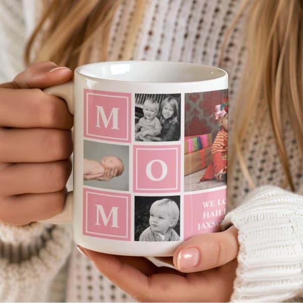 A White Coffee Mug Displaying A Photo Collage Of Children And The Word Mom In Pink Squares.