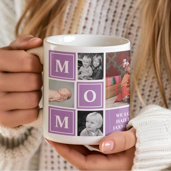 White Coffee Mug With A Collage Of Family Photos And The Letter Mom In Purple Squares.