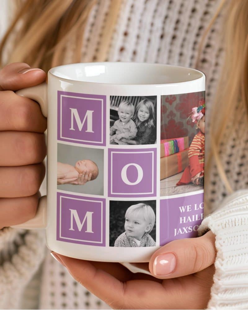 White coffee mug with a collage of family photos and the letter MOM in purple squares.