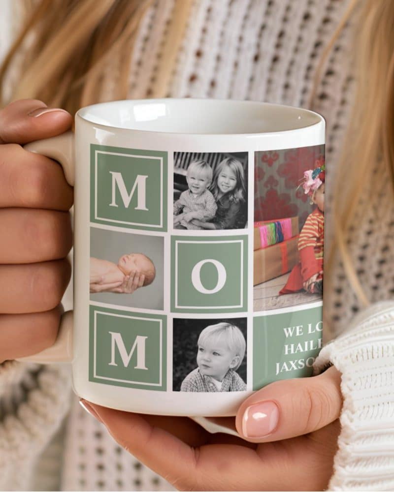 A white coffee mug featuring a collage of family photos and the letter MOM.