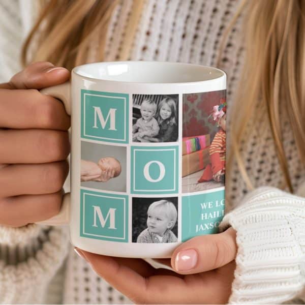 A White Coffee Mug Displaying A Photo Collage Of Children And The Word Mom.