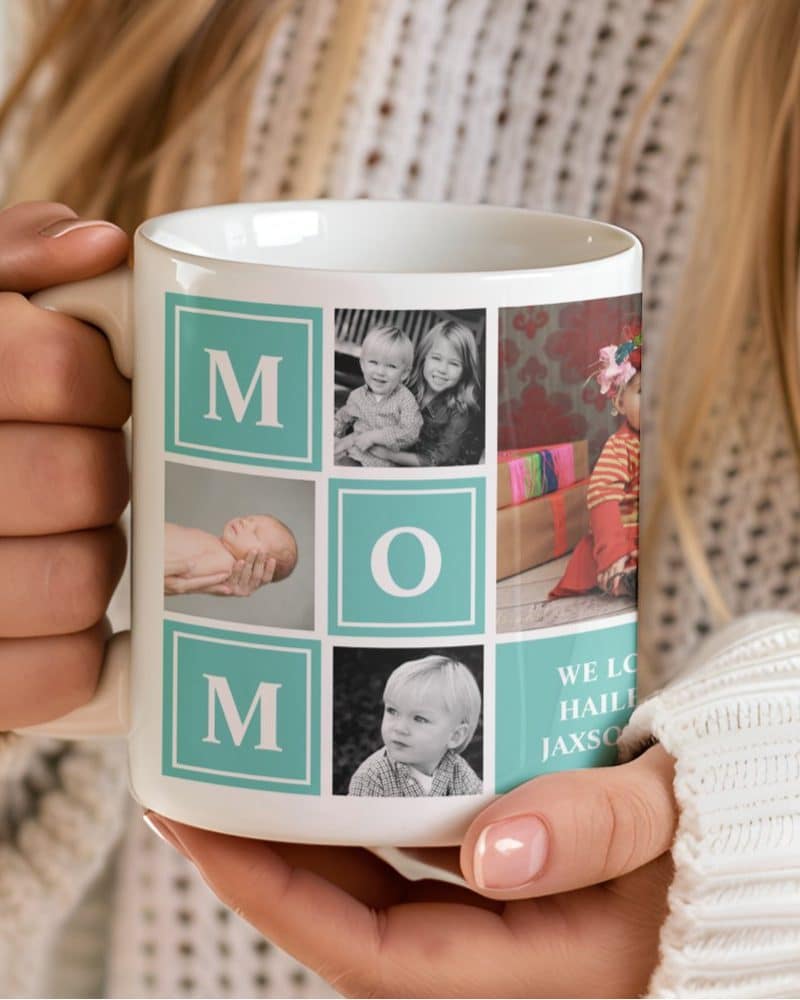 A white coffee mug displaying a photo collage of children and the word MOM.