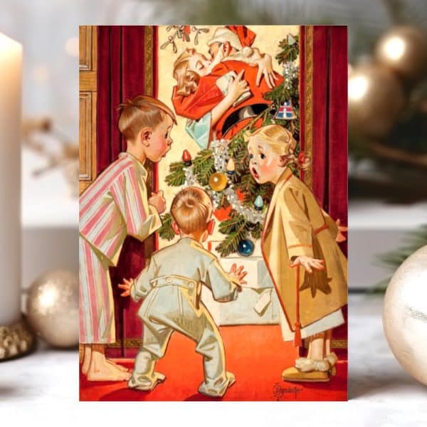 Three Children In Pajamas Watch Santa Claus Kiss A Woman By A Christmas Tree.