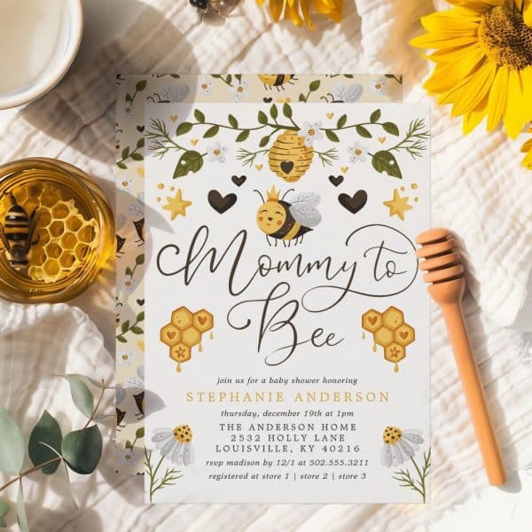 Baby Shower Invitation Featuring A Cartoon Bee Wearing A Crown, Honeycomb, And Floral Designs. The Invitation Text Reads &Quot;Mommy To Bee&Quot;.