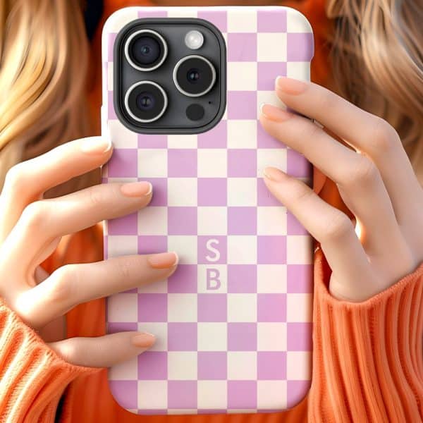 Close-Up Of Hands Holding A Lavender And White Checkered Phone Case With Initials Sb.