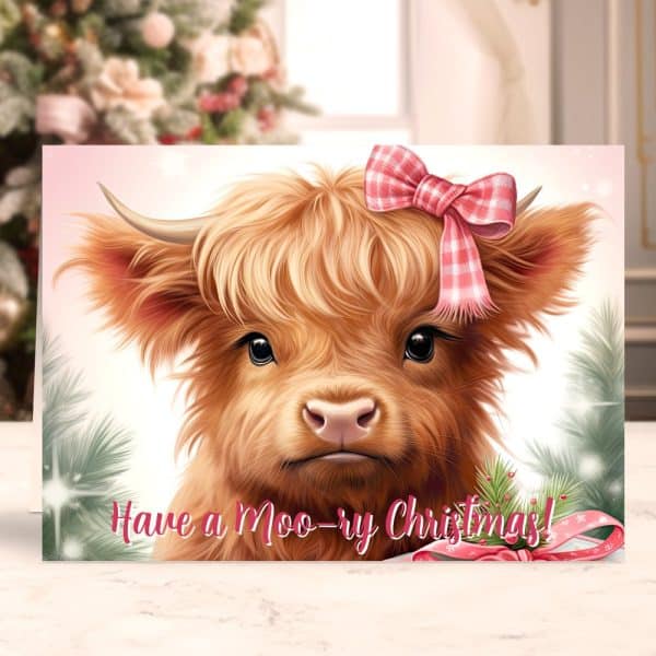 Christmas Card Featuring A Highland Cow With A Pink Bow.