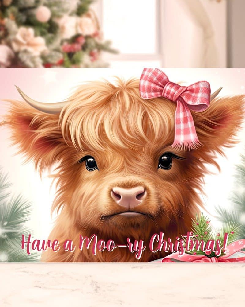 Christmas card featuring a Highland cow with a pink bow.