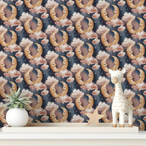 Night Sky Wallpaper Featuring Crescent Moons And Clouds; A Small Giraffe Figurine Is In Front Of It.