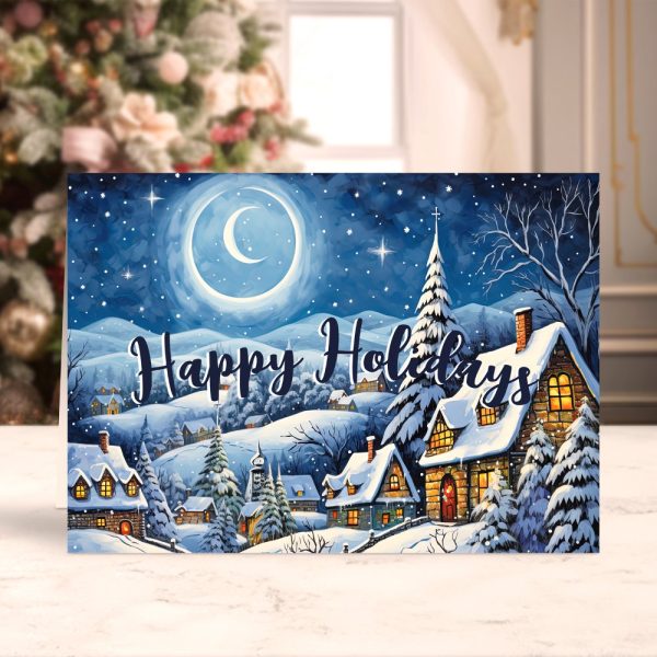 Happy Holidays Greeting Card Depicting A Snow-Covered Village At Night Under A Crescent Moon.