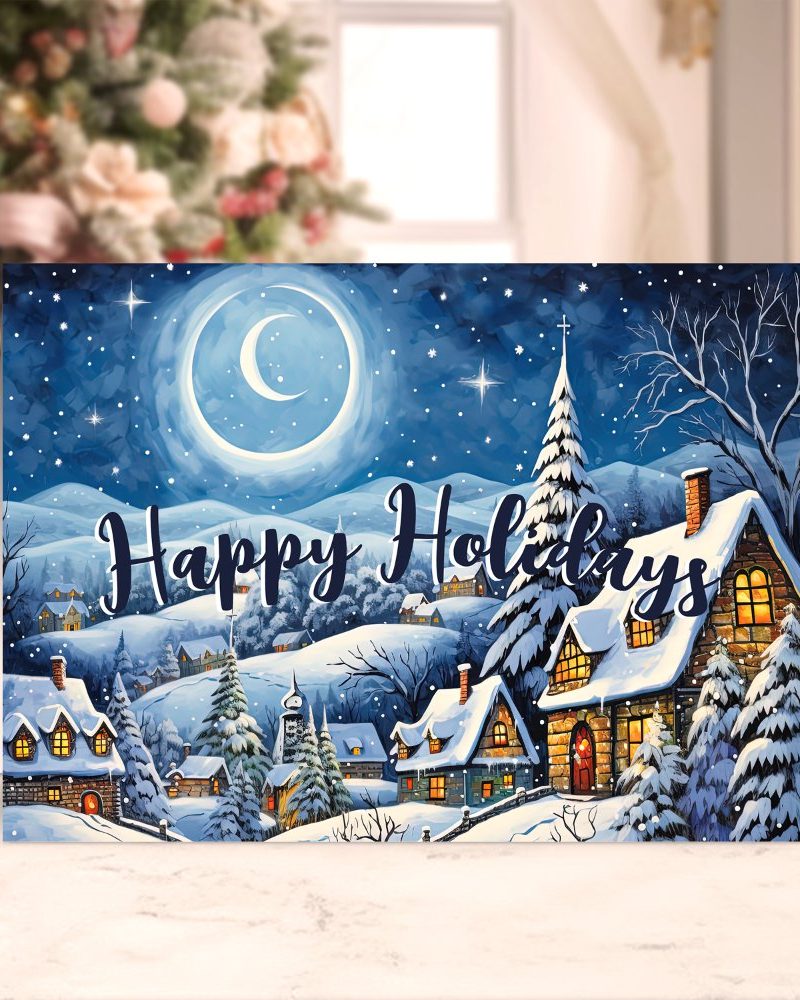 Happy Holidays greeting card depicting a snow-covered village at night under a crescent moon.