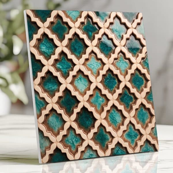 Teal And Beige Patterned Tile With An Embossed Design.