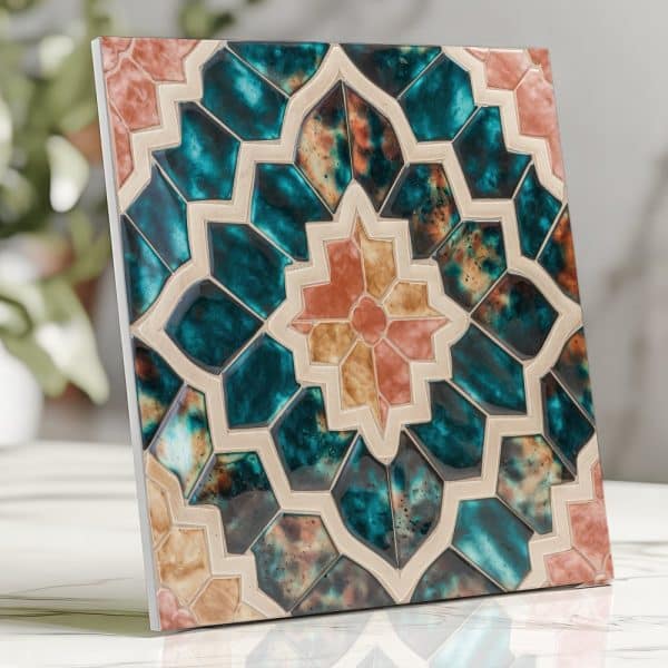Teal, Peach, And Beige Patterned Tile.