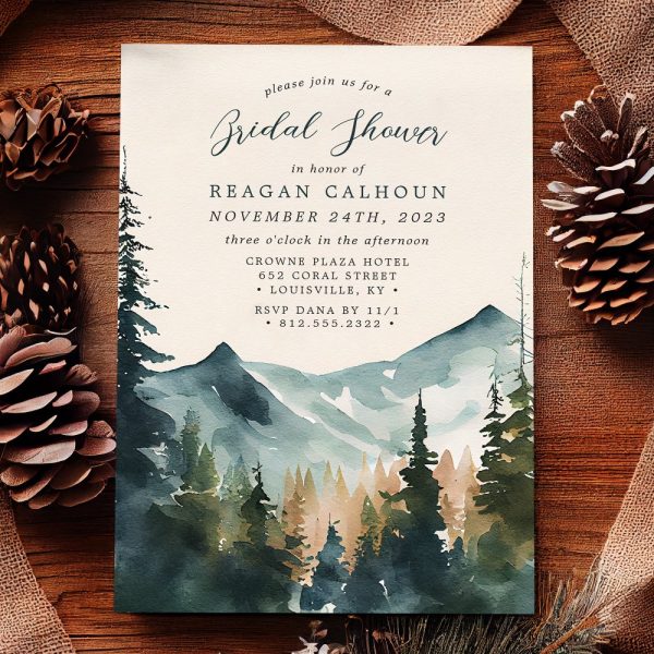 Bridal Shower Invitation With Watercolor Painting Of Mountains And Evergreen Trees.