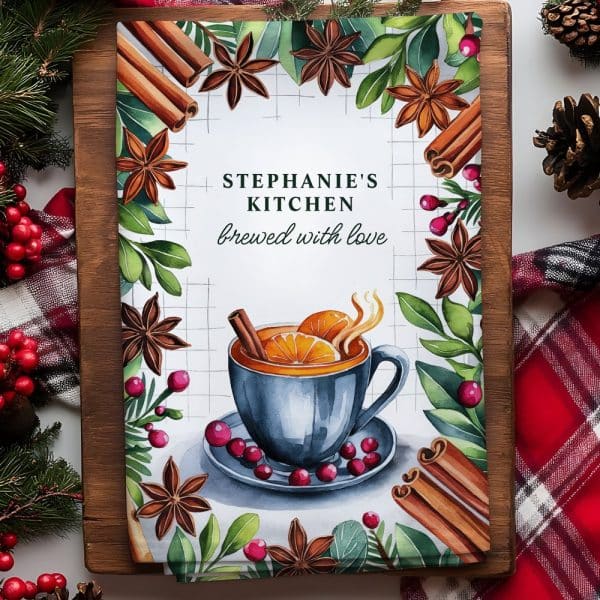 Watercolor Illustration Of A Steaming Mug Of Spiced Citrus Tea, Surrounded By Cranberries, Cinnamon Sticks, And Star Anise, With Text That Reads Stephanie'S Kitchen, Brewed With Love.