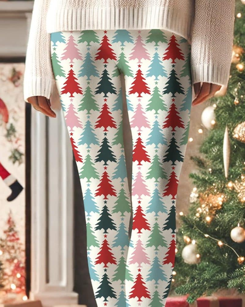 Colorful Christmas tree patterned leggings.