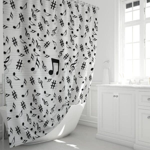 Shower Curtain With A Pattern Of Musical Notes And Sharps On A Light Gray Background.