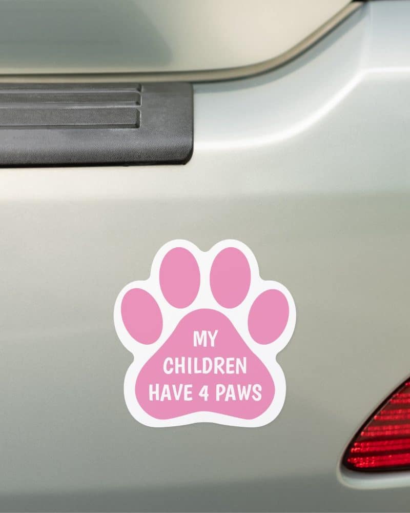 Pink paw print car magnet with the text My Children Have 4 Paws.