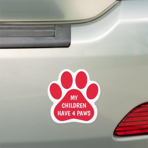 Red Paw Print Car Magnet With The Text My Children Have 4 Paws.