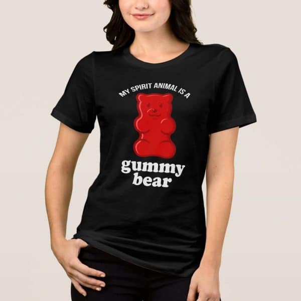 Woman Wearing A Black T-Shirt Featuring A Red Gummy Bear And The Text My Spirit Animal Is A Gummy Bear.