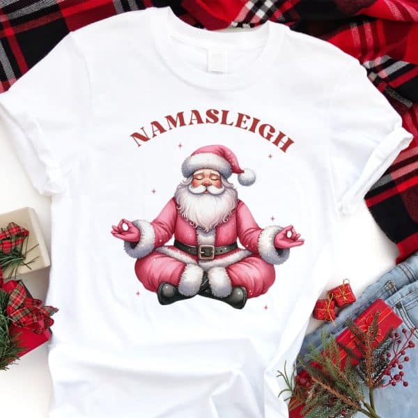White T-Shirt With A Meditating Santa Claus Illustration And Namasleigh Text.