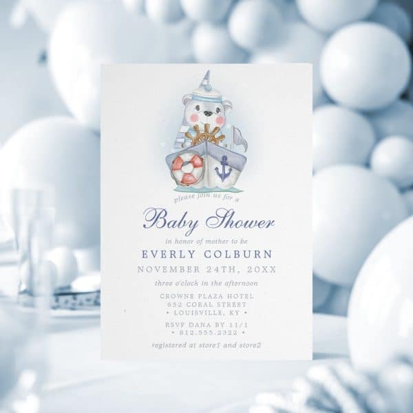 Baby Shower Invitation Featuring A Watercolor Illustration Of A Bear In A Sailor Hat Captaining A Sailboat.
