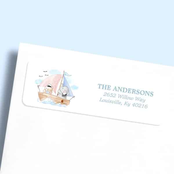 Return Address Label With Illustration Of A Teddy Bear And Elephant On A Sailboat.