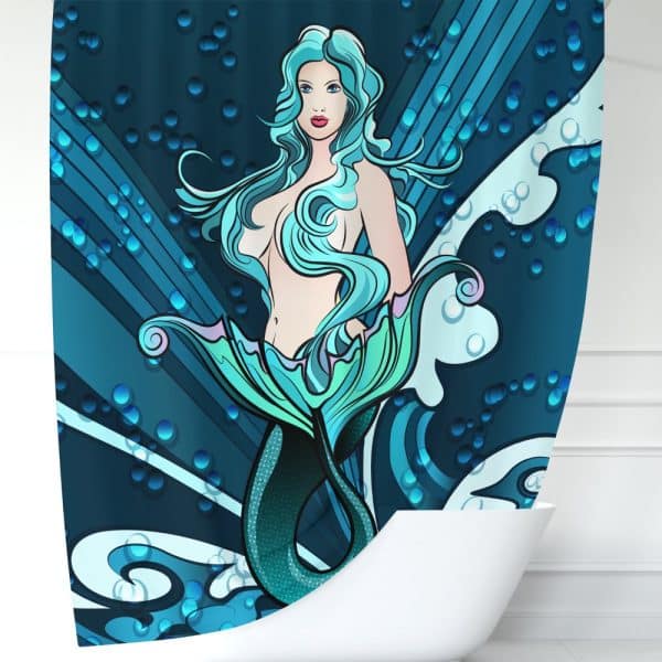 Shower Curtain Featuring A Mermaid With Long, Flowing Light Blue Hair And A Teal Tail, Set Against A Background Of Stylized Ocean Waves And Bubbles.