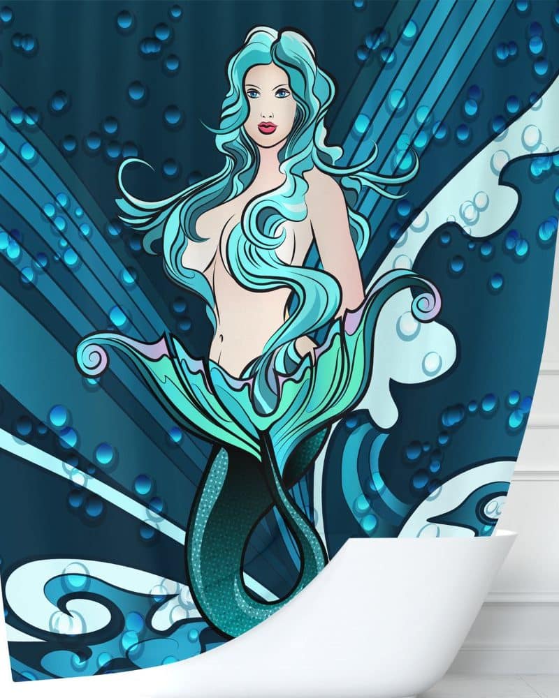 Shower curtain featuring a mermaid with long, flowing light blue hair and a teal tail, set against a background of stylized ocean waves and bubbles.