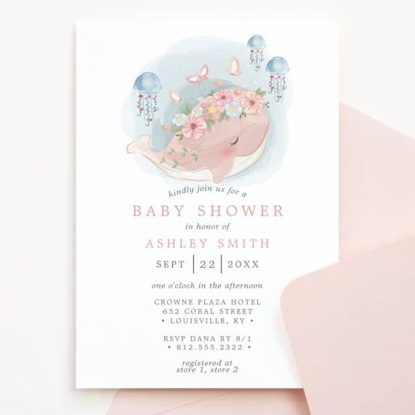 Baby Shower Invitation Featuring A Watercolor Illustration Of A Whale Wearing A Flower Crown, Surrounded By Jellyfish And Butterflies.