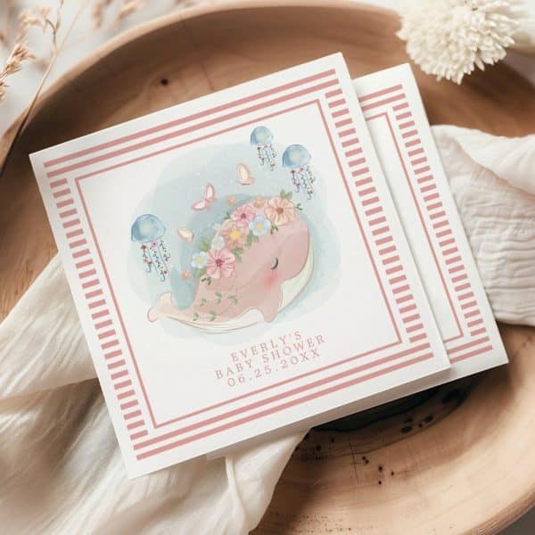 Baby Shower Invitation Featuring A Floral Whale With Jellyfish And Butterflies.
