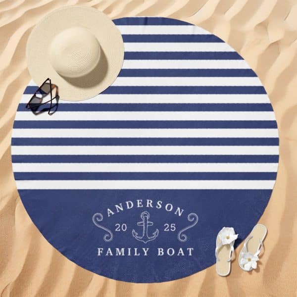 Round Beach Towel With Navy Blue And White Stripes, Personalized With The Name Anderson, An Anchor, And The Text Family Boat.