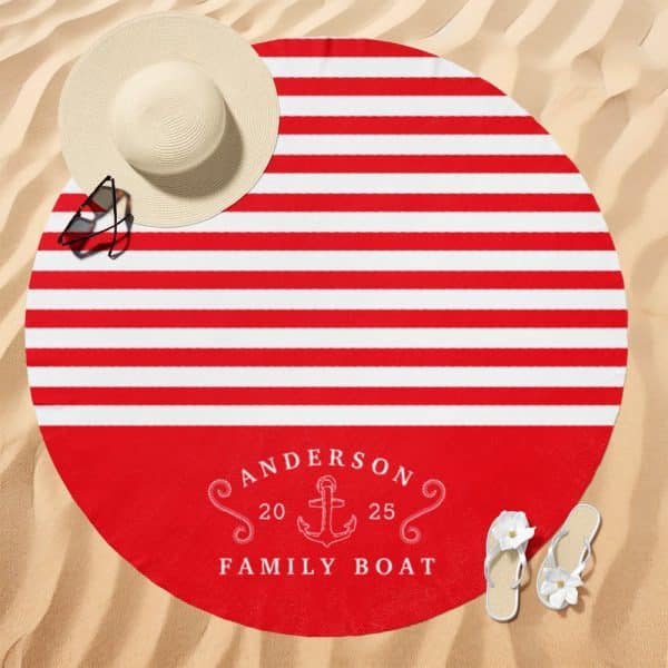 Red And White Striped Round Beach Towel With The Name Anderson, An Anchor, And The Words 20 Family Boat 25.