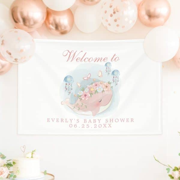 Baby Shower Welcome Sign Featuring A Watercolor Whale Wearing A Flower Crown, Surrounded By Jellyfish And Butterflies.