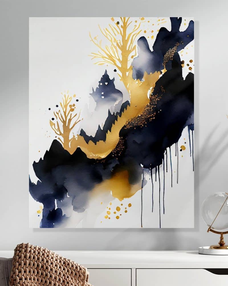 Abstract painting of gold and dark blue watercolor shapes resembling mountains and trees.