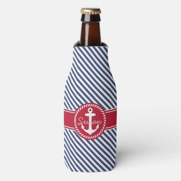 Bottle Coolie With Navy And Red Stripes, Anchor And Name Susan.