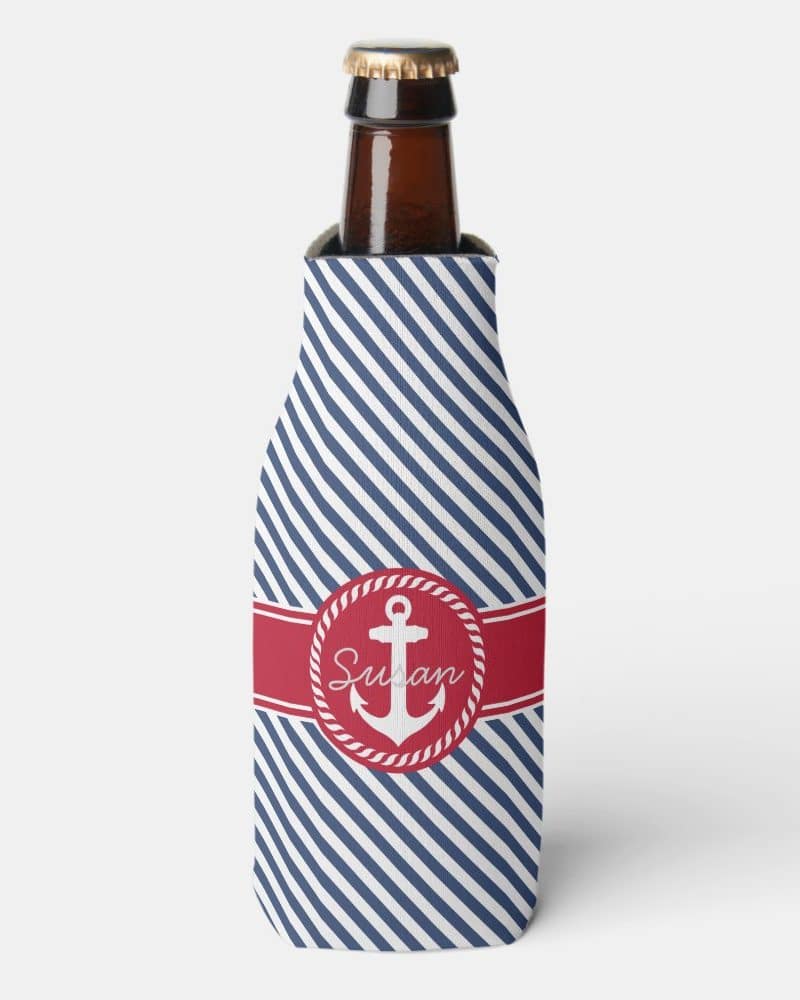 Bottle coolie with navy and red stripes, anchor and name Susan.