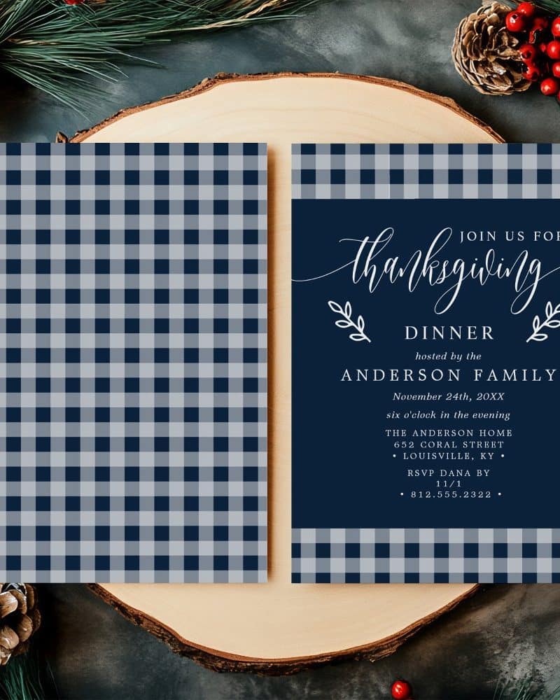 Thanksgiving dinner invitation with blue and gray gingham pattern.