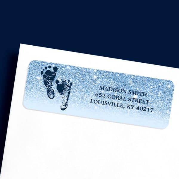 Baby Shower Return Address Label With Blue Glitter Background And Two Baby Footprints.