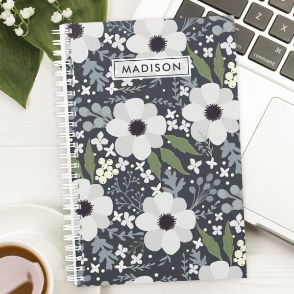 Spiral Notebook With A Floral Design, Personalized With The Name Madison.