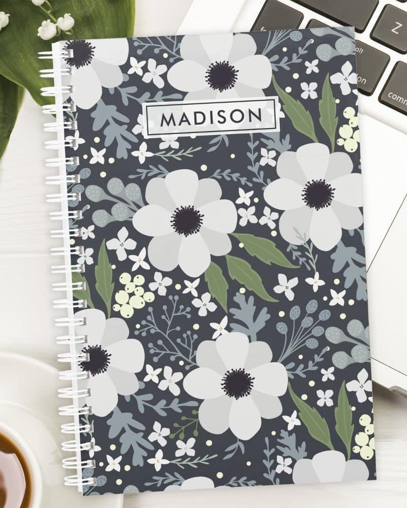 Spiral notebook with a floral design, personalized with the name Madison.