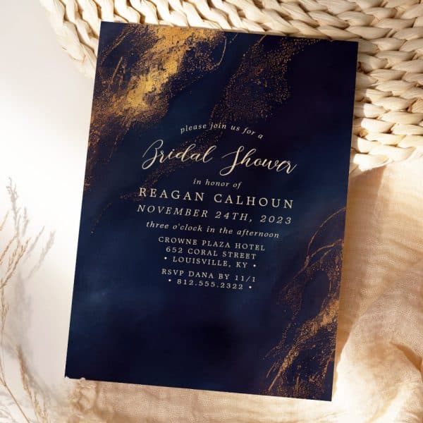 Navy Blue And Gold Bridal Shower Invitation With Gold Paint Splatter Design.