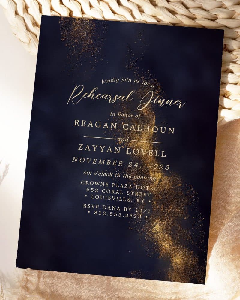 Navy Blue And Gold Calligraphy Rehearsal Dinner Invitation