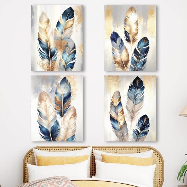 Quadriptych Of Blue And Gold Feathers.
