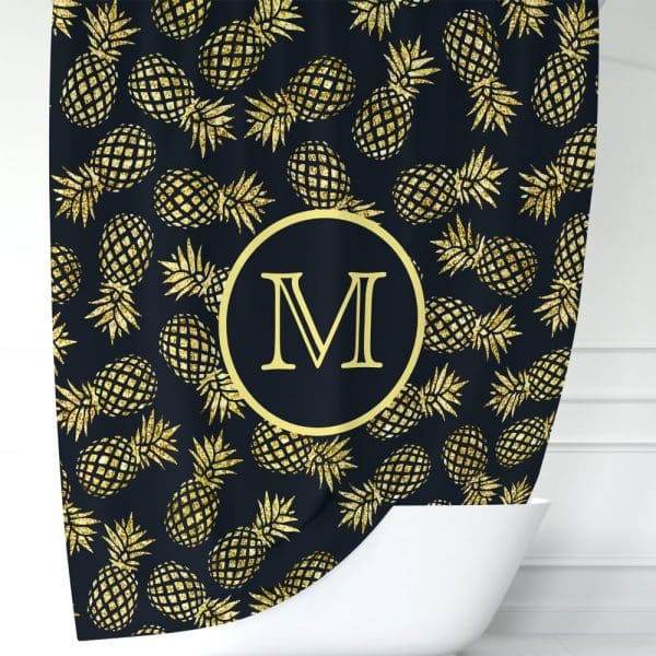 Gold Glitter Pineapples On A Dark Background Shower Curtain With A Gold Circle And The Letter M In The Center.