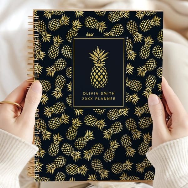 Gold Glitter Pineapples On A Black Background Planner.